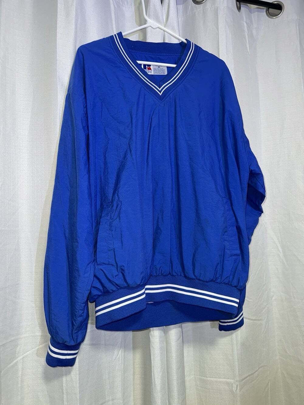 Russell Athletic Blue/White Pullover V-Neck Windbreaker Jacket XL Pockets